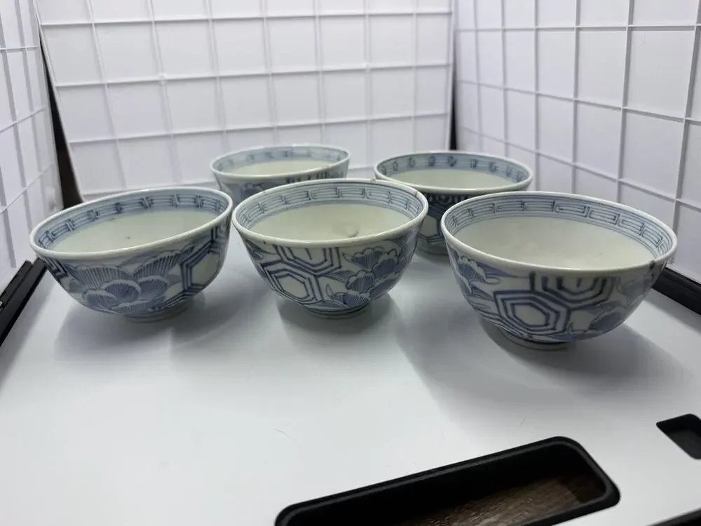Antique Japanese Imari Blue & White Porcelain Tea Bowls, Set of 5, Meiji Era
